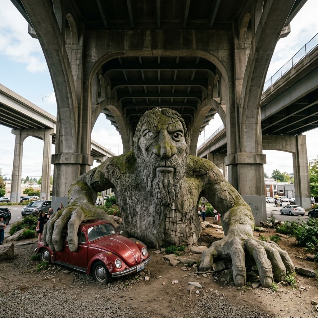 The Fremont Troll concrete sculpture beneath the Aurora Bridge in Seattle, clutching a Volkswagen Beetle